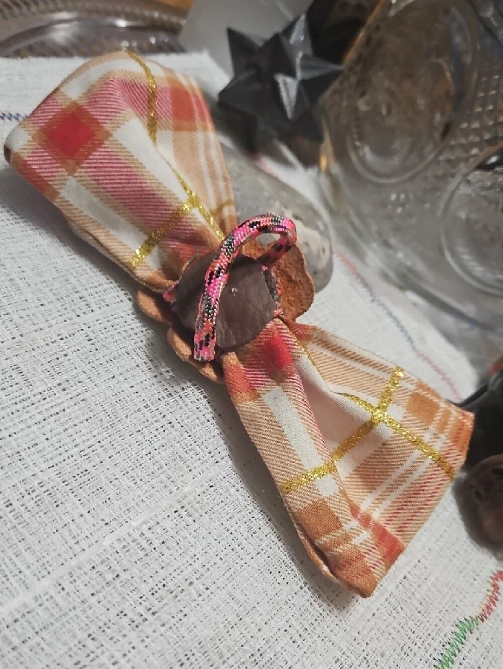 Handcrafted Plaid Dog Collar Bow Tie Peach Leather Floral Accent NEW